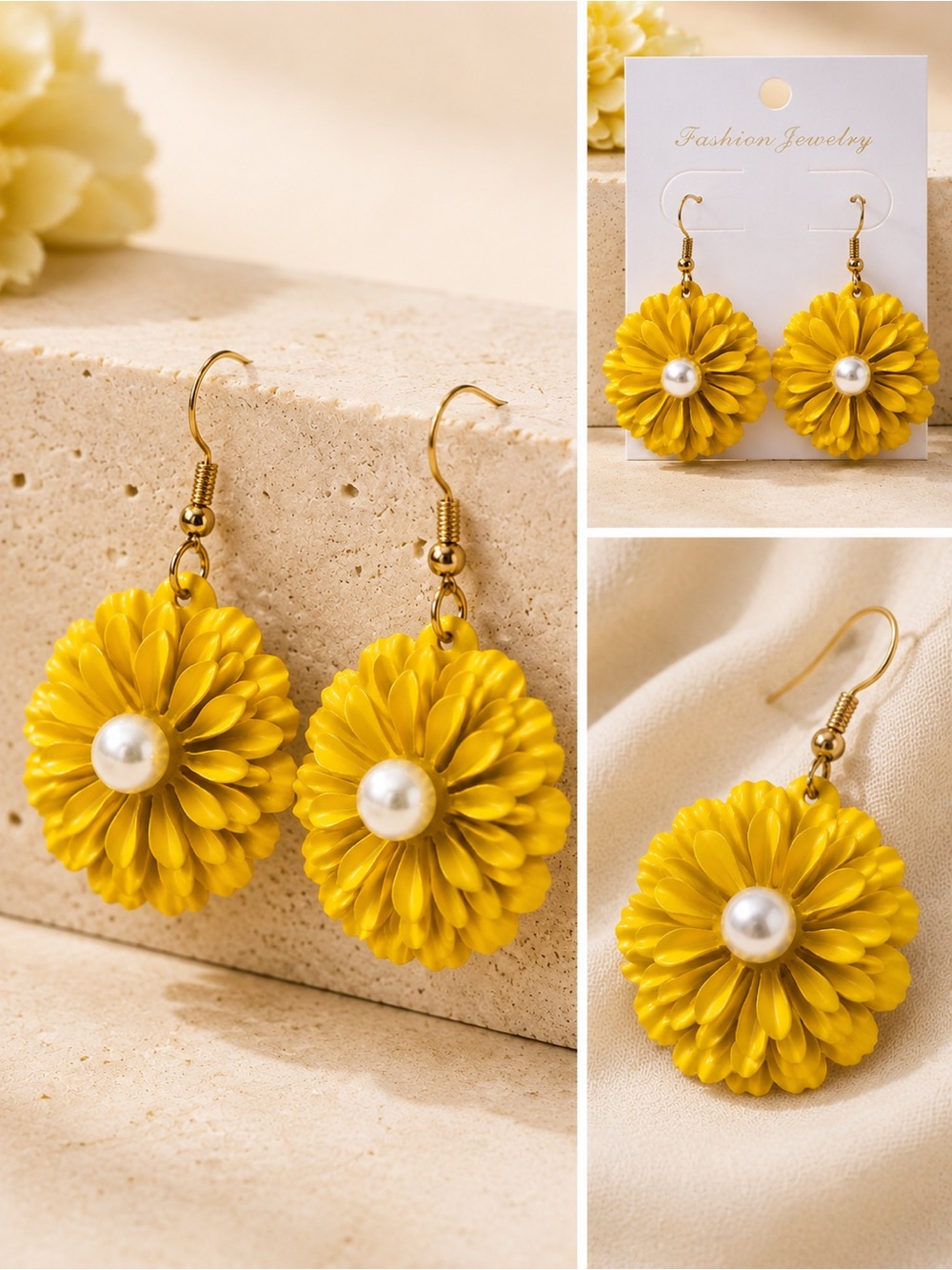 NWT CCB Yellow Sunflower Brushed Metal & Gold Pearl Drop Earrings $78 MSRP